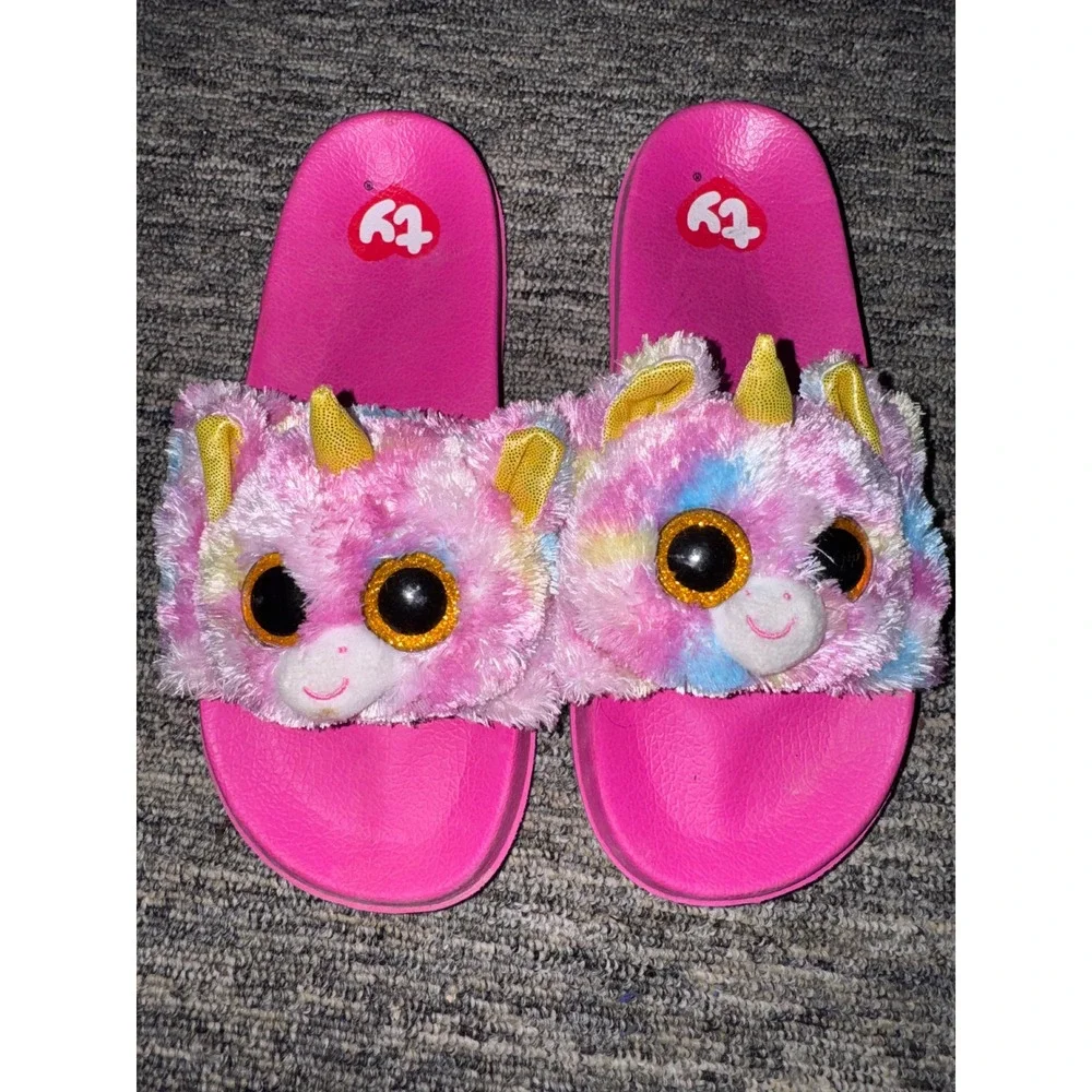 Ty Beanie Boos Heather the Cat Pink Plush Slide Sandals Girls Size 4-5